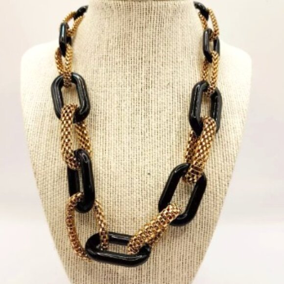 1980's Chunky Gold Tone Metal Mesh & Black Acrylic Link Statement Necklace - Picture 1 of 13